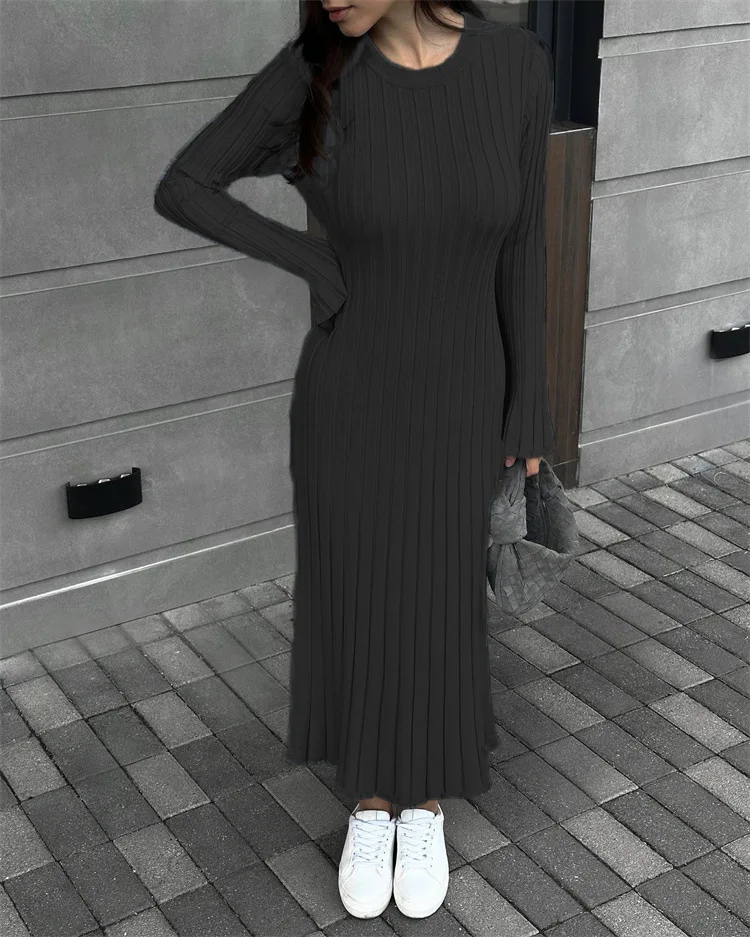 Ootddress Black Autumn Knitwear Maxi Dress Women's Ribbed Loose Patchwork Fashion High Waist Solid Dress Femal Bodycon Knit Dress