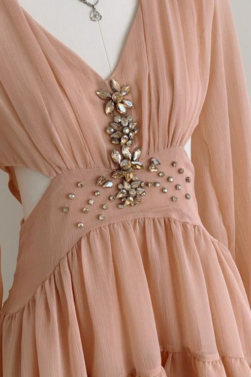 Rhinestone Deep V-Neck Bishop Sleeve Cut Out Waist Tiered Chiffon Mini Dress