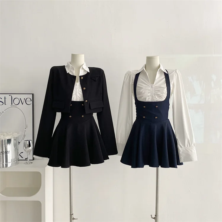 Y2K 3 Piece Set Women Cropped Coat + Long Sleeve Shirt + High Waist Halter Ruffles Mini Dress Korean Chic Fashion Sexy Outfits