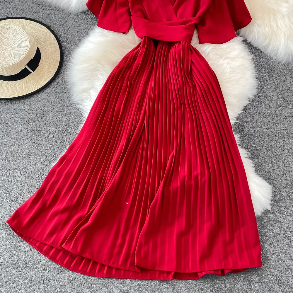 Women Elegant Pleated Dress Summer Short Sleeve V-neck Vintage Dresses Ladies A Line High Waisted Midi Dress