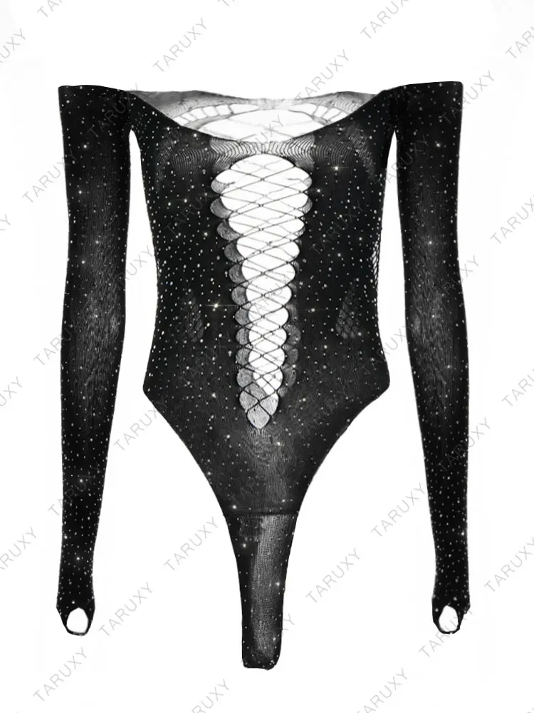 Ootddress Crystal Mesh Sexy Bodysuit Lingerie Black See Through Backless Hollow Out Bodysuit Nightclub Party Hot Workwear Playsuit