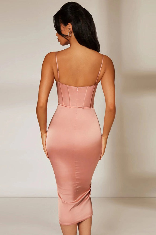 Satin Corset Underwire Spaghetti Strap Wrap Ruched Midi Dress