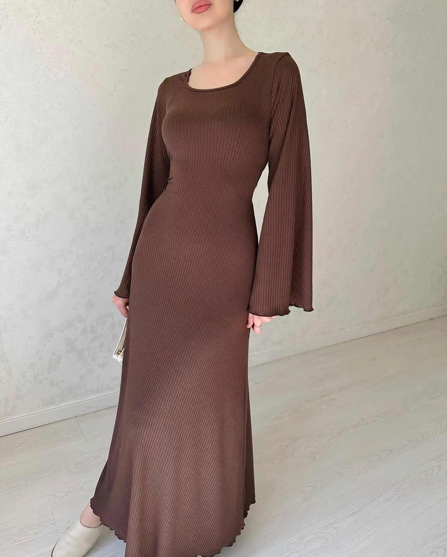 Ootddress Black Ribbed Fashion Maxi Dress For Women Loose Slim High Waist Casual Elegant Long Sleeve Party Dress Female Autumn Dress