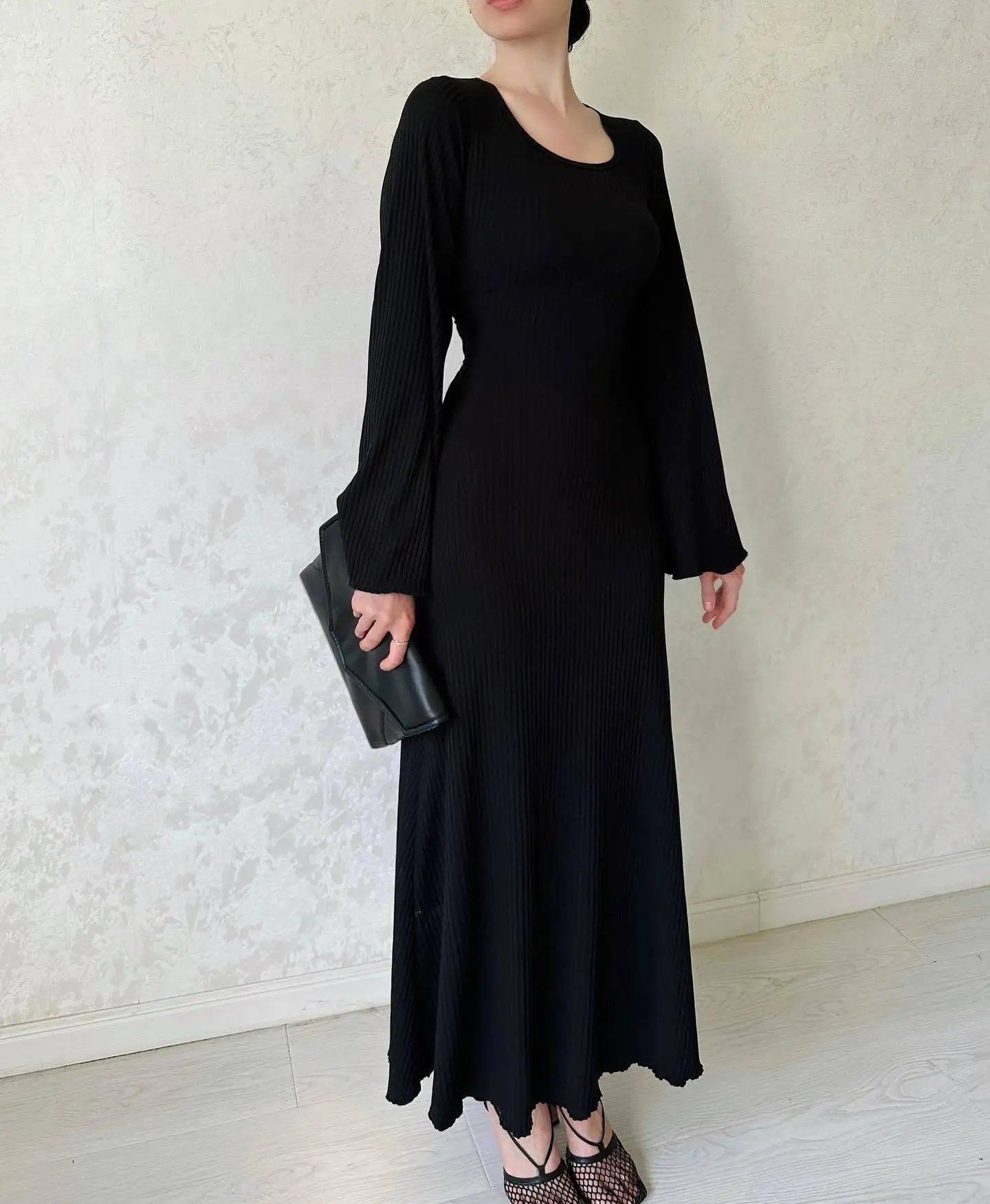 Ootddress Black Ribbed Fashion Maxi Dress For Women Loose Slim High Waist Casual Elegant Long Sleeve Party Dress Female Autumn Dress