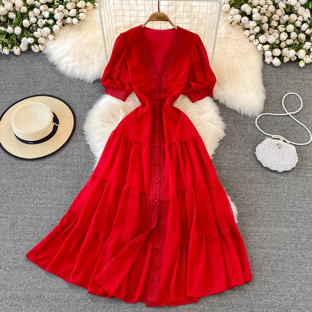 New Women Vintage Party Dress Summer Puff Sleeve Sexy V Neck Lace Single-breasted Long Dresses Ladies A Line Elegant Long Robe 4 New Women Vintage Party Dress Summer Puff Sleeve Sexy V Neck Lace Single-breasted Long Dresses Ladies A Line Elegant Long Robe