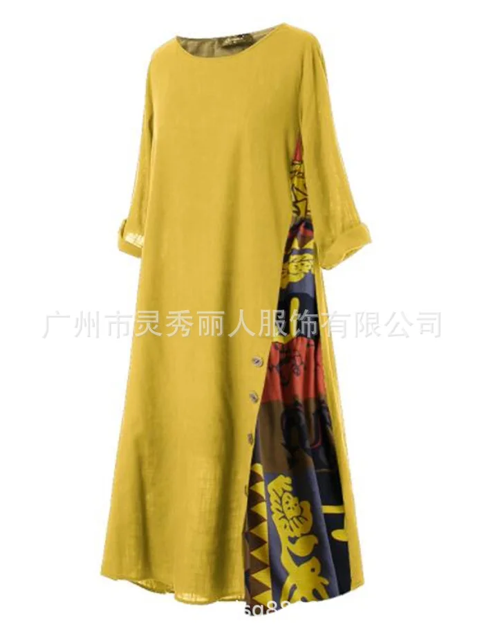 Cotton Linen Vintage Long Dresses Women Three Quarter Sleeves Splicing Print Loose A-line Dress Fashion Casual Lady Maxi Vestido 26 undefined