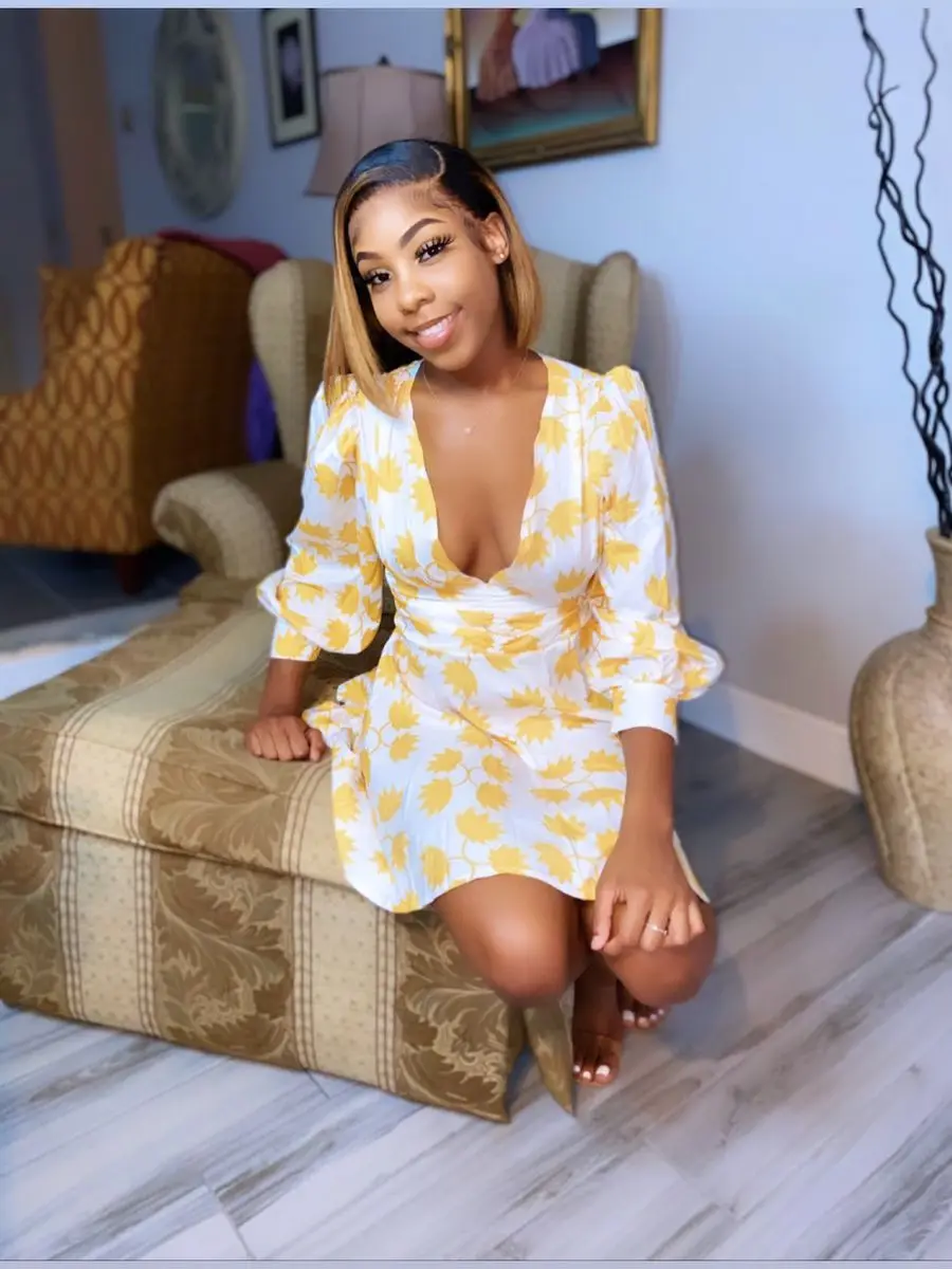 Sweet 2025 Fashion Dress Deep V Neck Floral Print Mini A Line Cleavage Women Clothings Summer Long Sleeve Lady Outfits