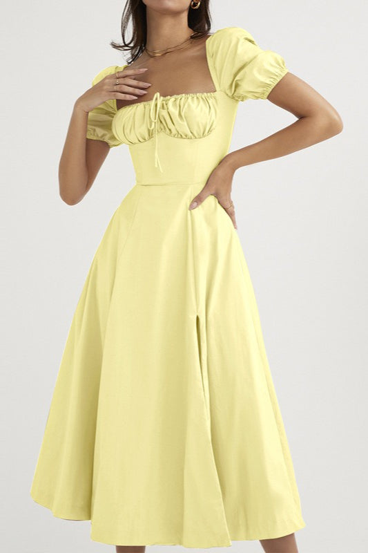 Off Shoulder Puff Sleeve Corset Tie Front High Split Maxi Dress
