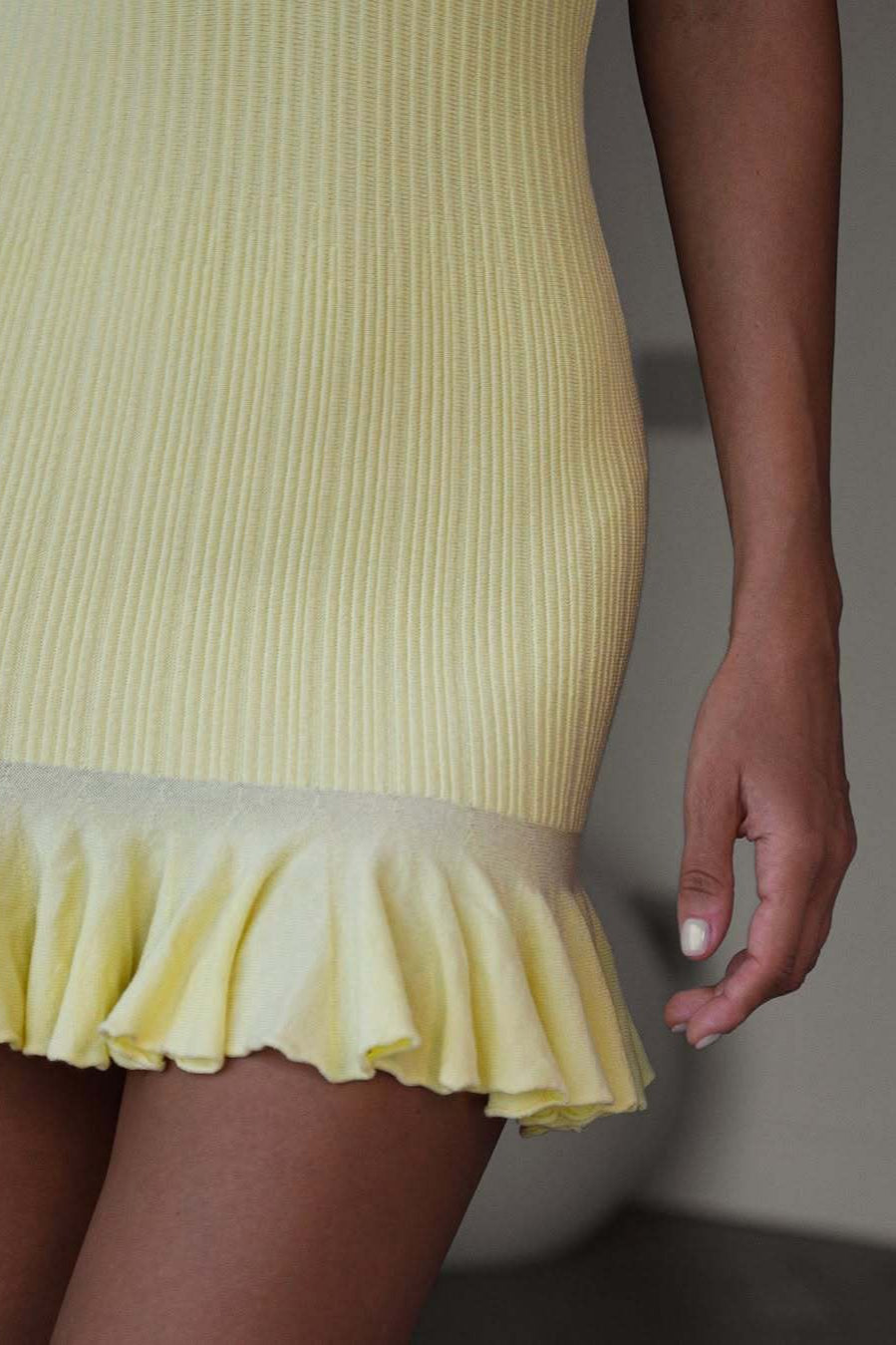 Ruffle Collar Keyhole Tie Short Sleeve Ribbed Knit Flounce Hem Mini Dress