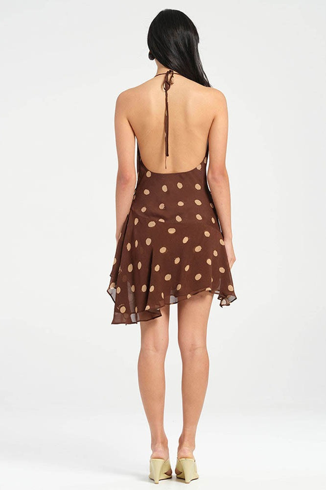 Polka Dot Chiffon Halter Cowl Neck Ruffled Hem Backless Mini Dress