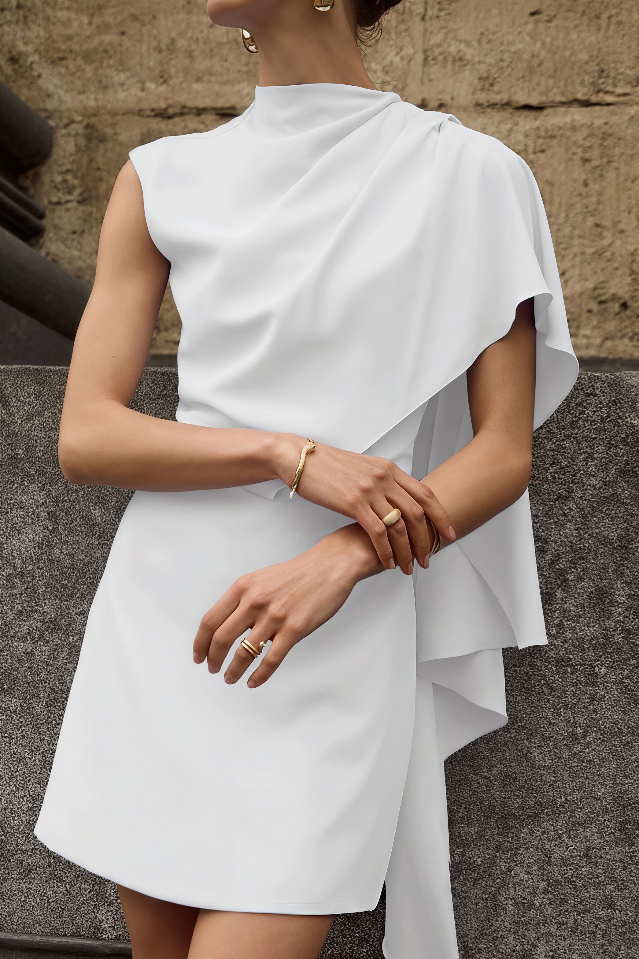 Mock Neck Asymmetric Draped Cape Panel Mini Dress