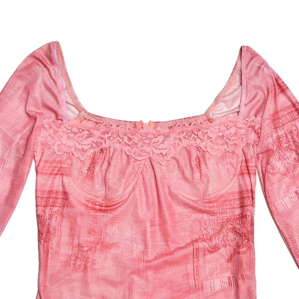 Ootddress-Long Sleeve Printed Dress for Women, Bodycon Lace Midi Dress, Elegant Party Evening Dress, Square Neck, Autumn,