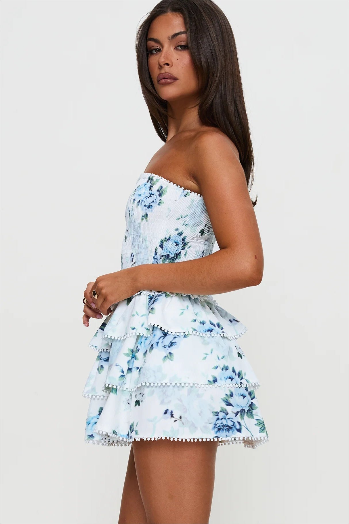 Strapless Smocked Floral Tiered Ruffle Pom Trim Mini Dress