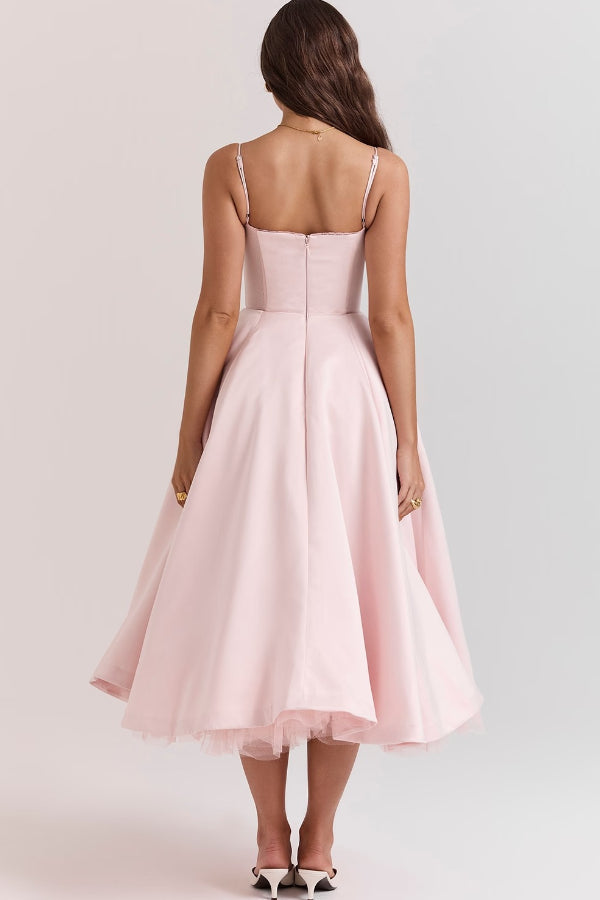 Lace Trim Sweetheart Corset Bodice Tulle Petticoat Fit and Flare Midi Dress