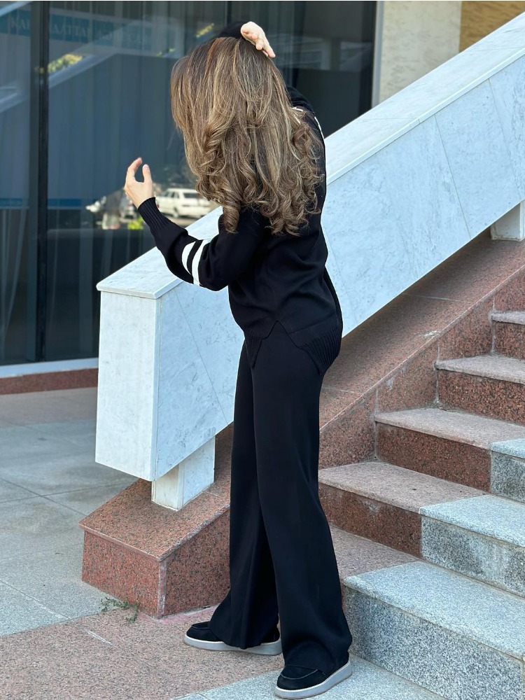 Ootddress Casual Loose 2 Piece-Set Knitwear Contrast For Women Outwear And Wide Leg Trousers Outfits Fashion Knit Women's Pants Sets