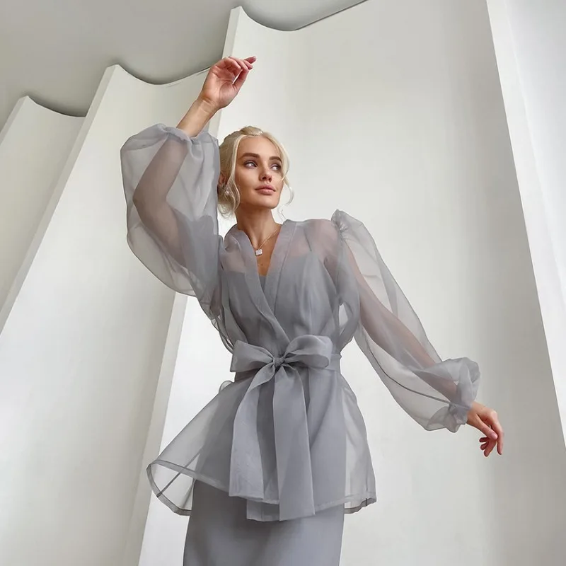 Ootddress Sheer Mesh Cover Up Beach Women Loose Long Sleeve V Neck Lace Shirts Ladies 2025 Summer Sexy See Through Bandage Cover-up