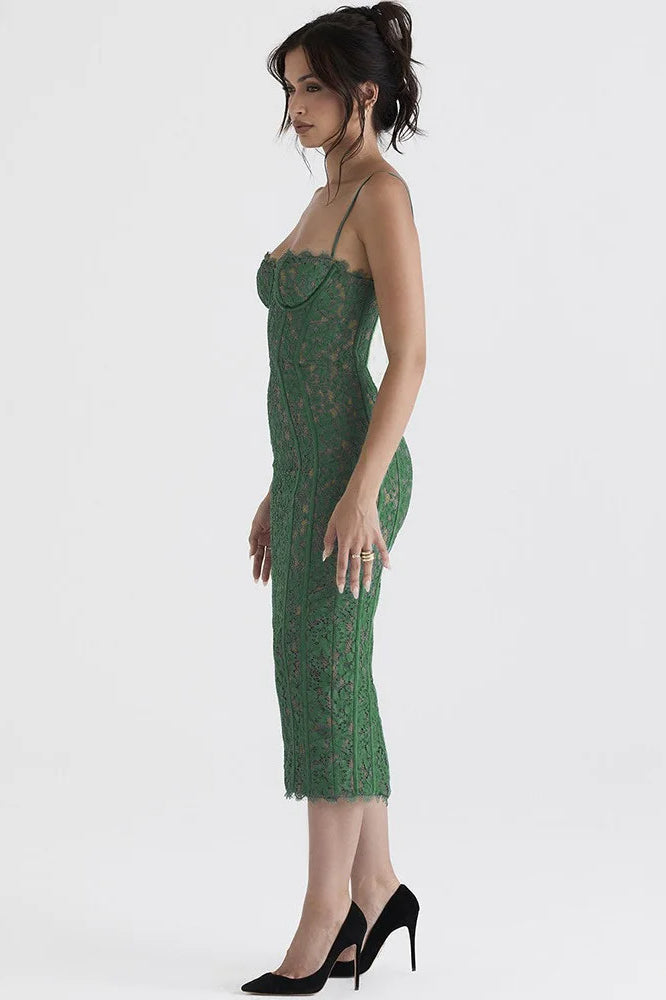 Floral Lace Corset Sweetheart Spaghetti Strap Bodycon Midi Dress