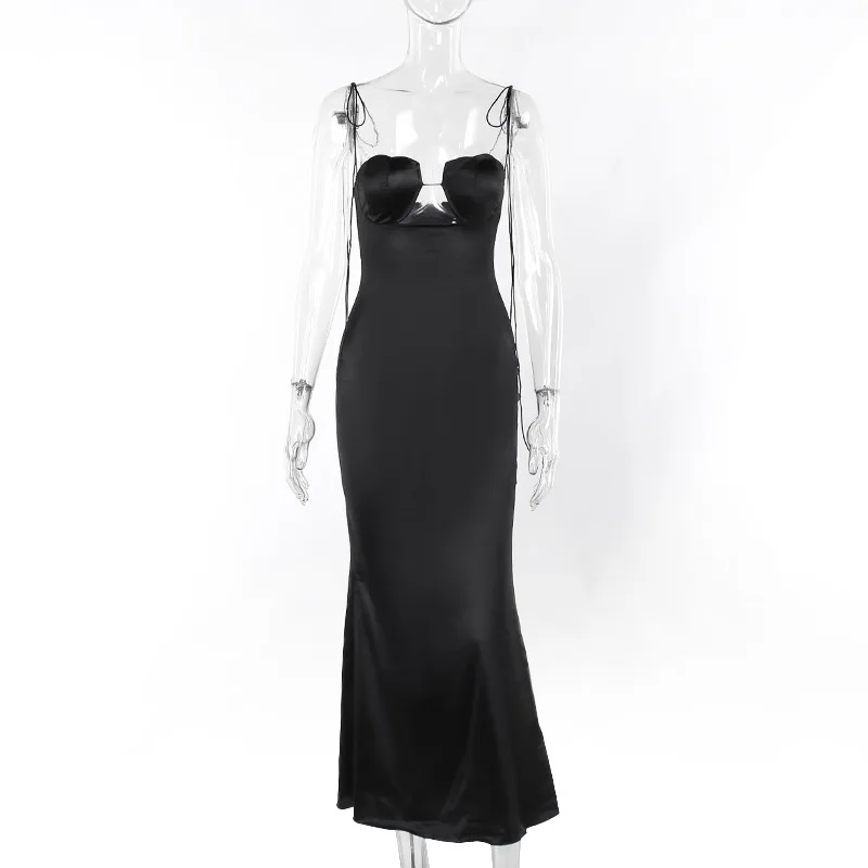 Ootddress Satin Bandage Dress Women Hollow Out Sleeveless Slim Long Dresses Femme Summer Party Elegant Sexy Backless Dress Woman