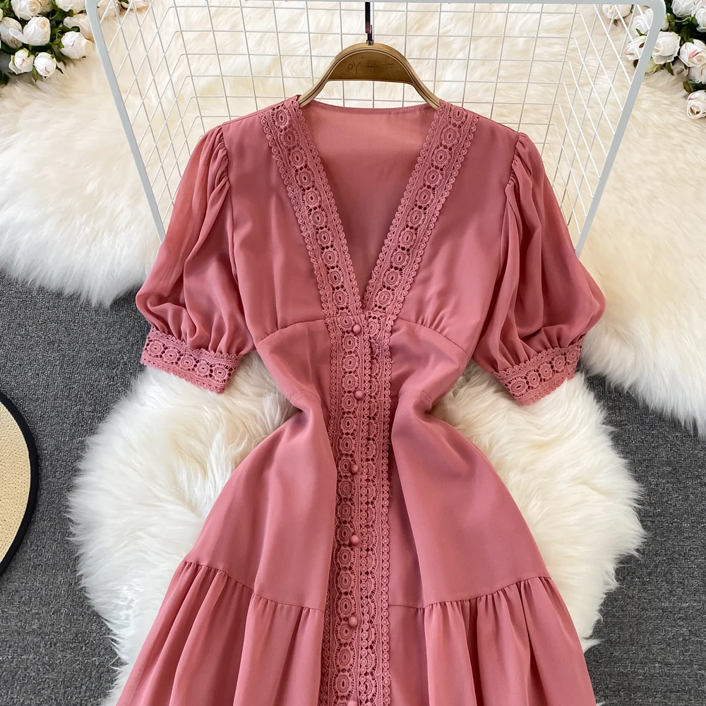 New Women Vintage Party Dress Summer Puff Sleeve Sexy V Neck Lace Single-breasted Long Dresses Ladies A Line Elegant Long Robe 21 New Women Vintage Party Dress Summer Puff Sleeve Sexy V Neck Lace Single-breasted Long Dresses Ladies A Line Elegant Long Robe