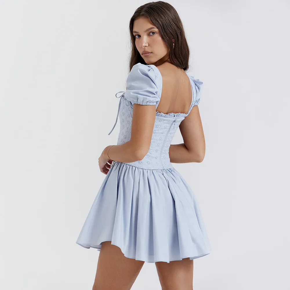 Ootddress Elegant Short Puff Sleeve Sexy Mini Dress Women Fashion Square Collar Backless A-line Pleated Club Party Dress Vintage