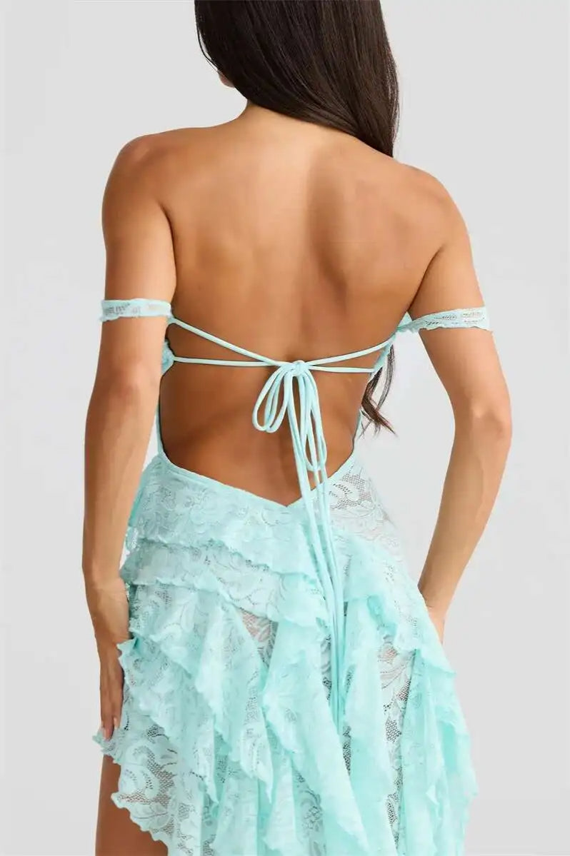 Floral Lace Off-Shoulder Tie-Front Tiered High-Low Ruffle Midi Dress