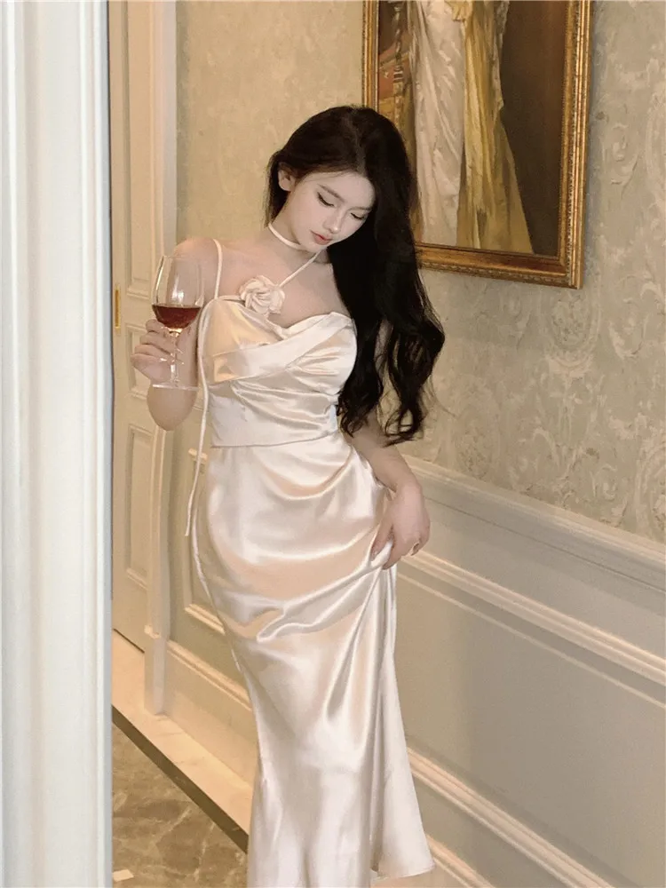 Elegant Solid Satin Midi Dress Women Spaghetti Strap Bodycon 3D Flower High Waist Slim Evening Party One Piece Lady Vestidos