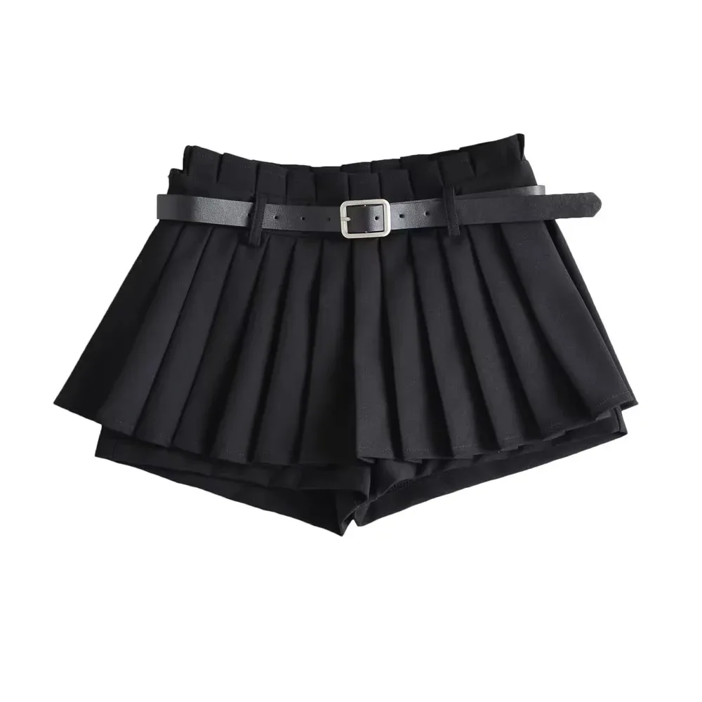 Ootddress Low Waist Slim Mini Pleated Skirt For Women 2025 Summer Casual Black Belt Skirts Babes Fashionable Solid Une Jupe Ligne