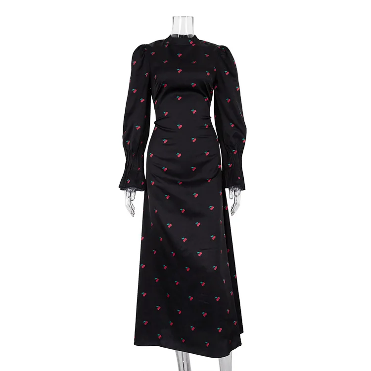 Ootddress Printed Bandage Fashion Long Dress Ladies Elegant Satin High Street Party Dress Casual Long Sleeve Patchwork Maxi Dress