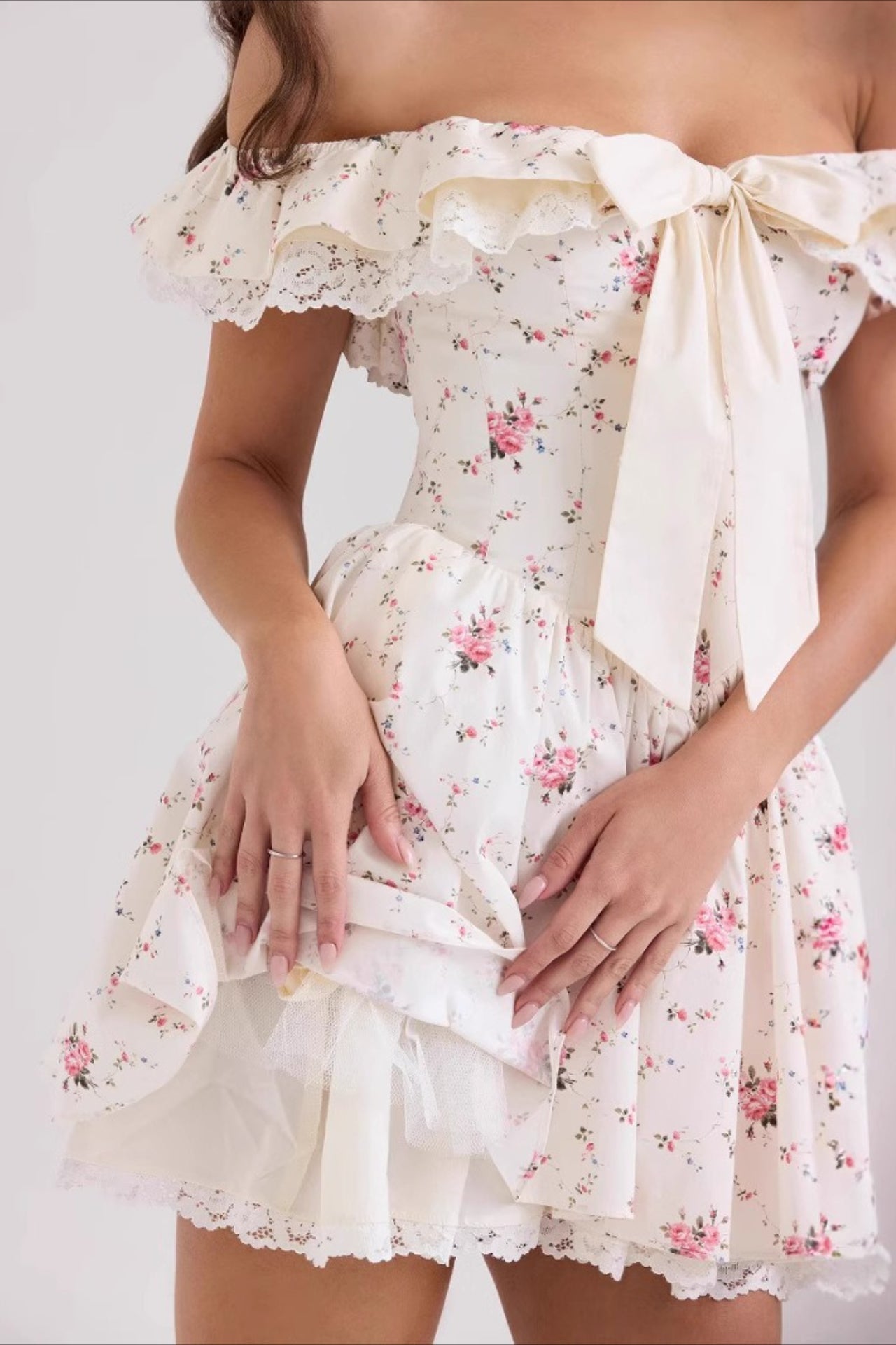 Off Shoulder Lace Trim Ribbon Bow Corset Bodice Floral Print Mini Dress