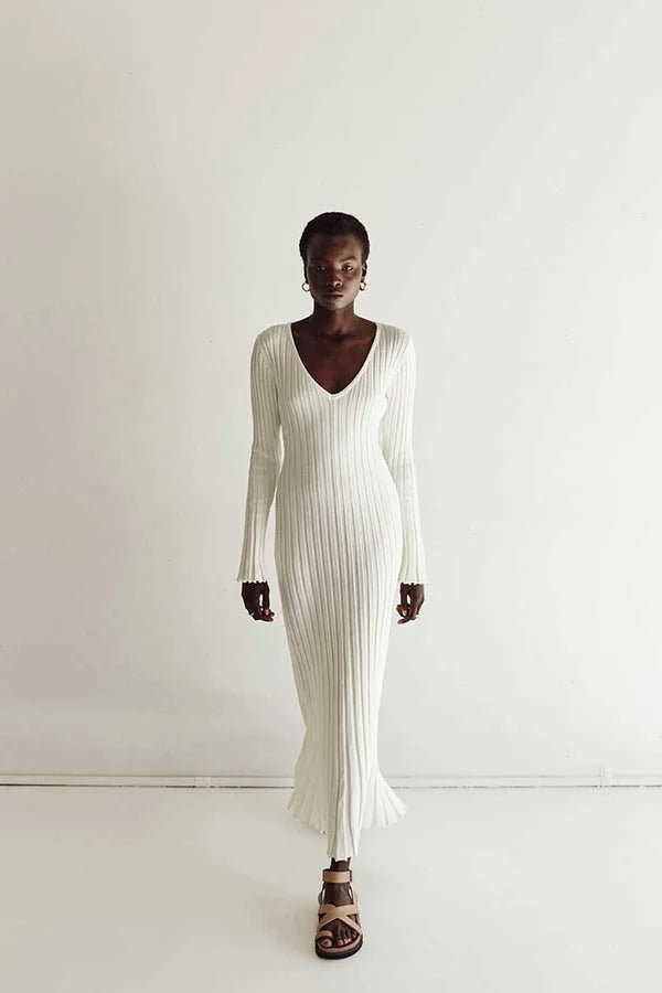 Rib Knit V-Neck Lettuce Edge Cuff Bodycon Maxi Dress