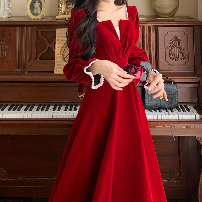 French Vintage A-line Wedding Party Dress Women Autumn Elegant Long Sleeve Backless Red Vestidos Mujer Princess Robe Spring New