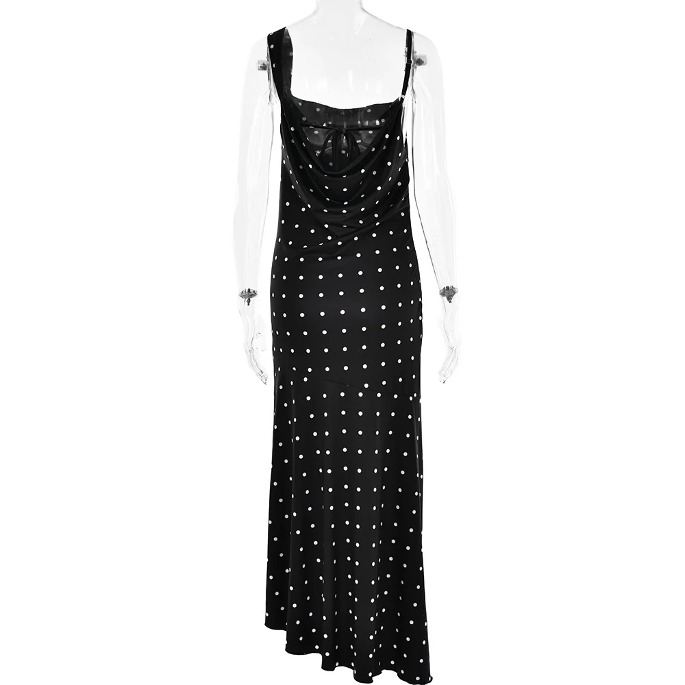 Ootddress Sexy Spaghetti Straps Slim High Slit Dress Women Polka Dot Maxi Dress V-Neck Temperament Slim Fit Party Evening Vestidos