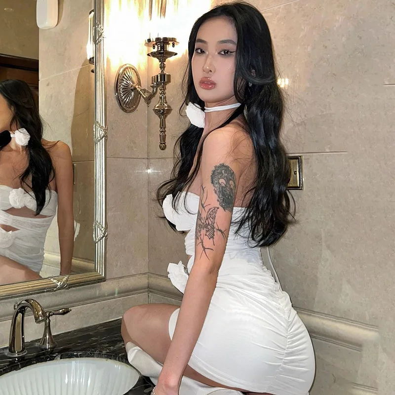 Ootddress Lace Up Flower Sexy Dress For Women Njght Hollow Out Summer Mini Dresses Woman Slim Party Backless Dress Women's Clothing