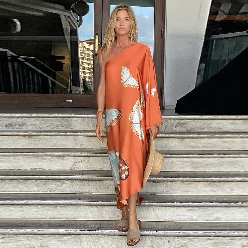 Color Butterfly Print One Shoulder Sleeve Dresses Women Sexy Off Shoulder Loose Beach Vacation Irregular Long Dress Streetwear 6 undefined