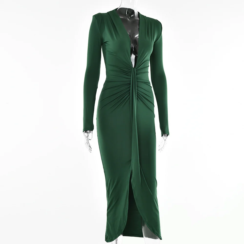 Ootddress Elegant Deep V Neck Full Sleeve Long Dress For Women Robe Fashion Autumn New Irregular Ruched Bodycon Midi Dress