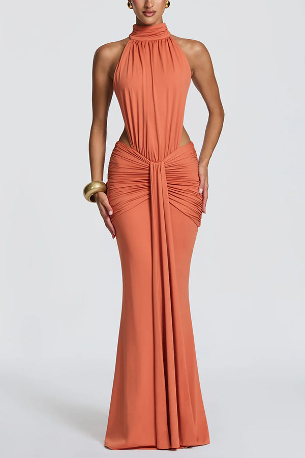 Thekla Stretch Slinky Jersey High Neck Ruched Backless Drape Maxi Dress
