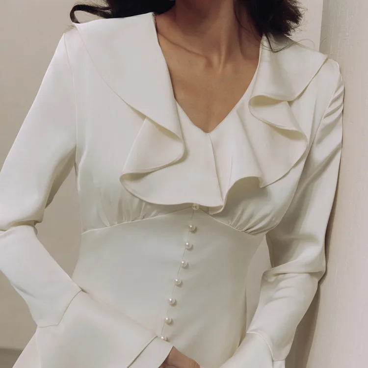 Ootddress Ruffle V Neck Elegant Dress For Women Slim Long Sleeve High Waist Temperament Dresses Femme Party Slit Long Dress Woman