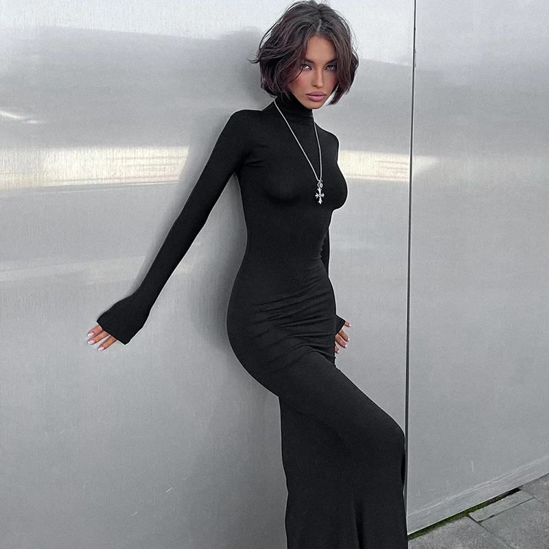 Black Noble Simple Dress High Collar Long Sleeve Basic Fishtail Prom Occasion Slim Dress Streetwear For Autumn 7 Black Noble Simple Dress High Collar Long Sleeve Basic Fishtail Prom Occasion Slim Dress Streetwear For Autumn