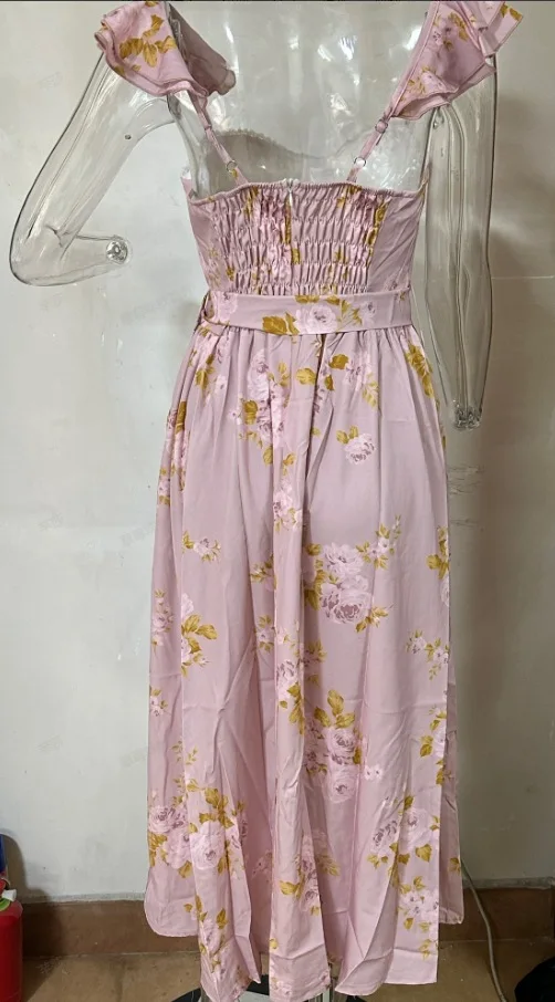 Flowers Print Sleeveless Long Dresses Women Sexy Low Cut Backless Bowknot Leace-up Slit Dress Temperament Lady Vestidos 2025 New