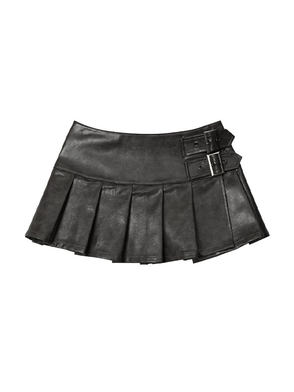 Vintage Buckle Detail Pleated Leather Mini Skirt