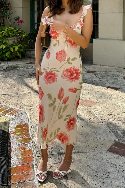 Large Floral Print Ruffle Trim Tie-Front Spaghetti Strap Chiffon Midi Dress