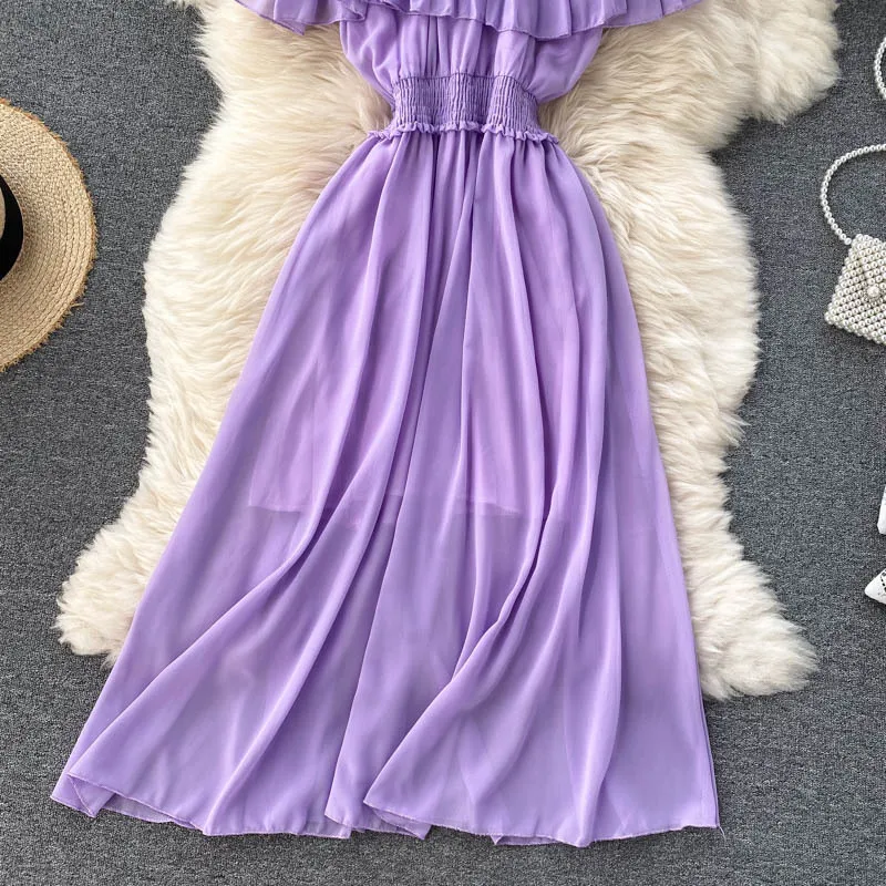 Women Chiffon Beach Dress Sexy Double Layer Ruffled Off The Shoulder Boho Dresses Ladies Sweet Slash Neck Long Dress 32 Women Chiffon Beach Dress Sexy Double Layer Ruffled Off The Shoulder Boho Dresses Ladies Sweet Slash Neck Long Dress