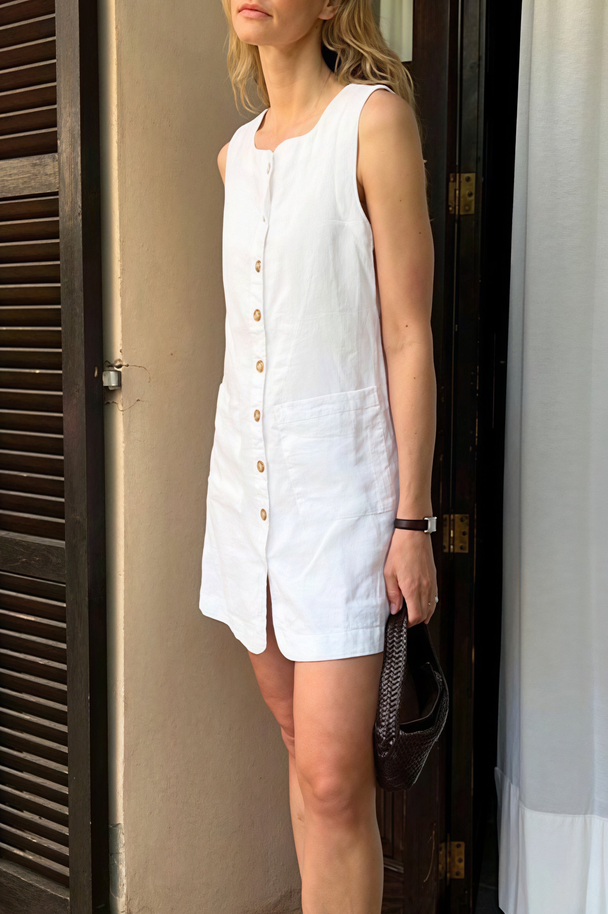 Wide Neck Button Front Patch Pocket Linen Blend Mini Dress