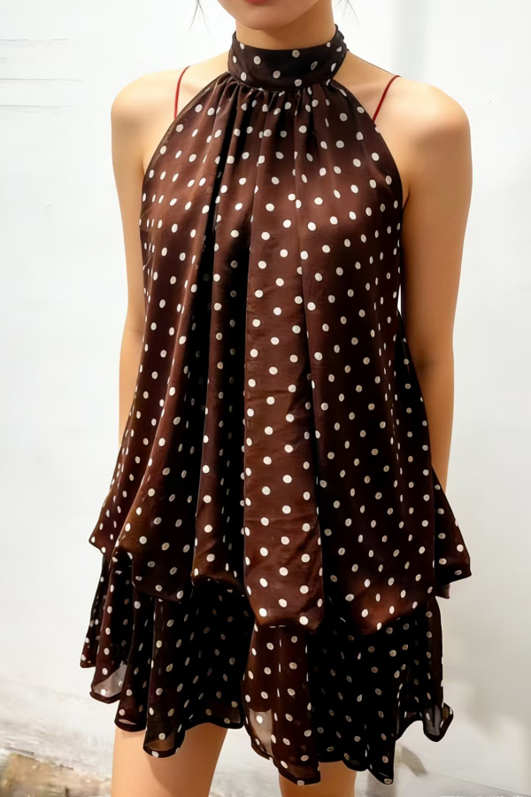 Fashionable Chiffon Halter Neck Backless Lace-up Casual Vacation Mini Dress