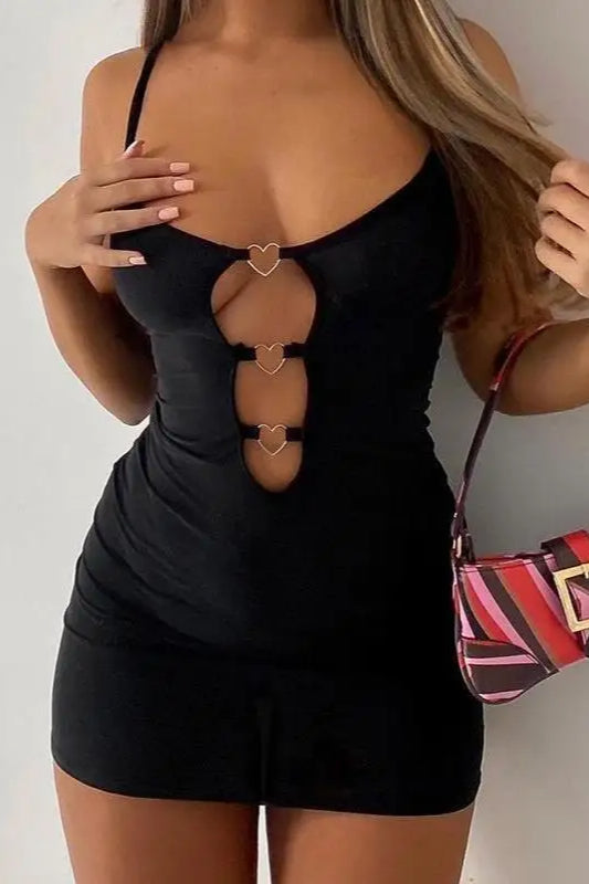 Scoop Neck Spaghetti Strap Heart Ring Vertical Cutout Bodycon Mini Dress