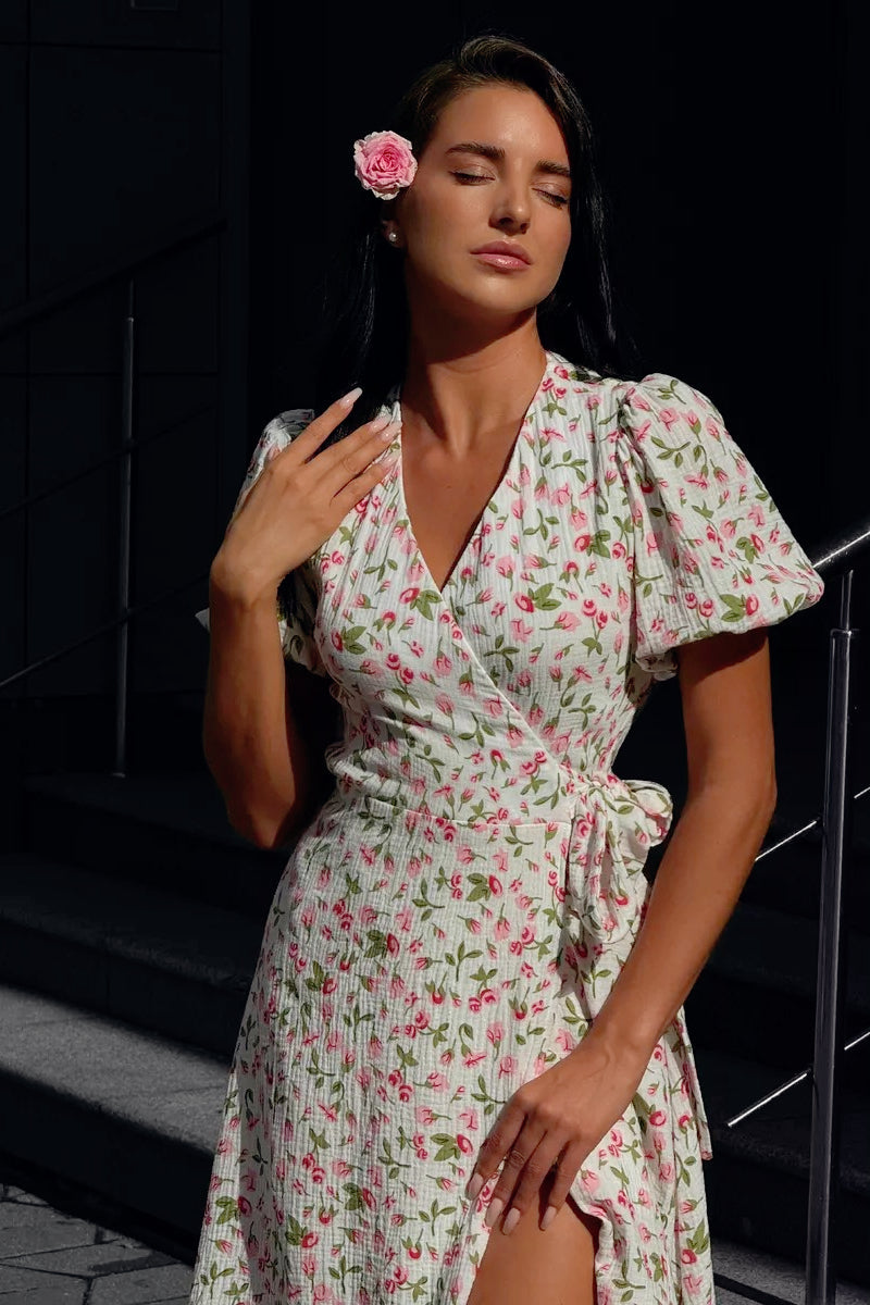 Puff Sleeve Heart Print Wrap Tie Waist Thigh Slit Midi Dress