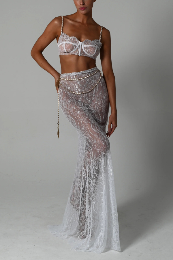 Stylish Lace Camisole Bra Top and Vacation See-through Maxi Fishtail Skirt Set