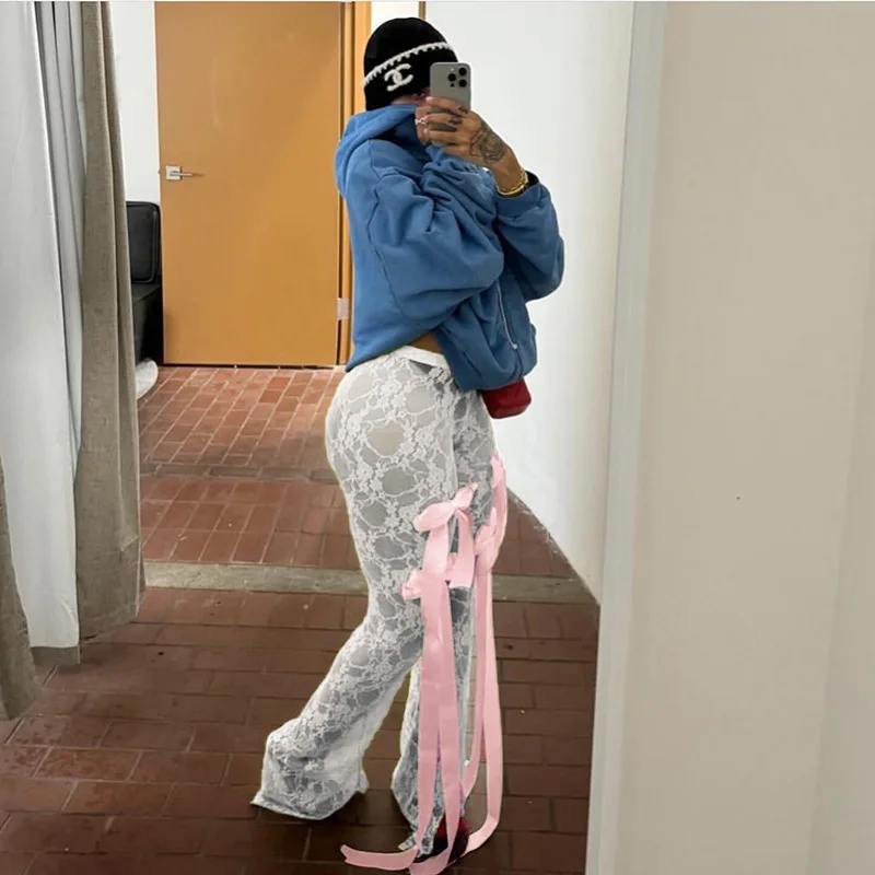 Ootddress Bow Splice Lace Pants Women Sheer Slim High Waist Bottoms Hot Girls 2025 Beach Party Sexy Club See Through Pant Ladies