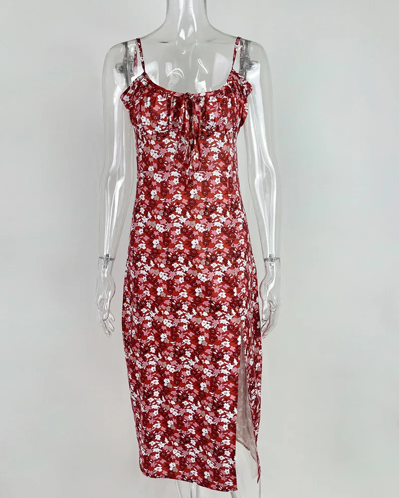 Flower Printed Spaghetti Strap Dresses For Women Sexy Low Cut Beach Party Slim Slit Dress Chic Bodycon Lady Sleeveless Vestidos 15 undefined