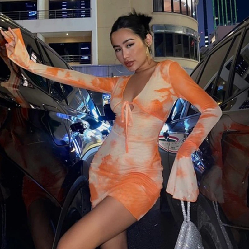 Spring Summer Abstract Print Trumpet Sleeve Bandage Mini Dresses Sexy V Neck Party Dresses Women